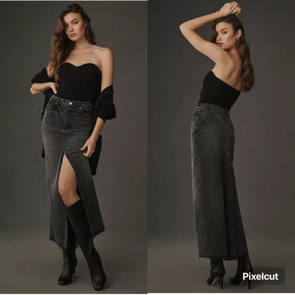 Reformation Tazz‎ Maxi Denim Skirt In Faded Black Color With Split Front Size 28
